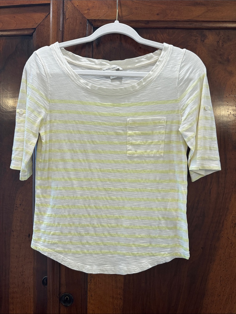 Banana Republic White Tee with Pale Yellow Stripes and Pocket